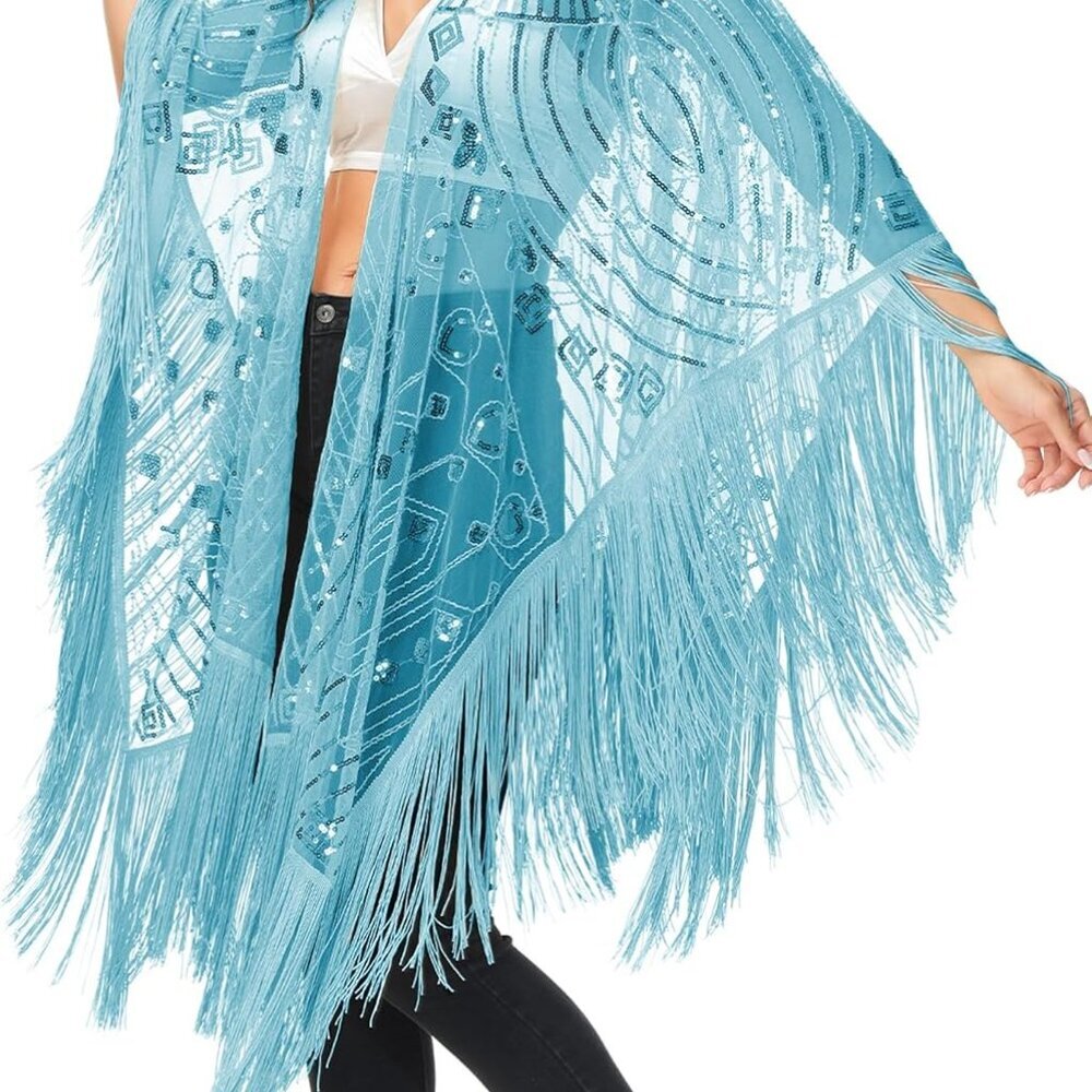 Womens Oversized Gatsby Hand Beaded Fringed Sequin Evening Shawl Wrap